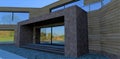 Entrance to a modern building finished with wood and old brown bricks. Concrete steps, glass sliding doors. Stone blocks natural
