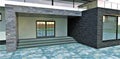 Entrance to a modern high-tech house. Porch trim in gray slate. Concrete steps. The floor is gray-black square paving stones. 3d