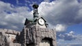 Entrance to the Moscow Zoo from the street Presnya against the moving clouds. Moscow, Russia