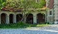 Historic castle, front side. Old carriage in the castle yard Royalty Free Stock Photo