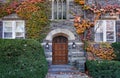 Ivy covered gothic stone college building