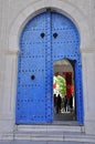 Entrance to polling station, traditional blue door