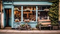 At the entrance to a quaint cafe in Amsterdam, a bicycle rests Royalty Free Stock Photo