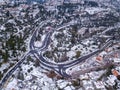 The entrance to Safed old Jewish city n northern Israel after snowing. Aerial Drone View.