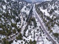 The entrance to Safed old Jewish city n northern Israel after snowing. Aerial Drone View.