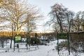 Entrance to Seaton park near St Machar`s Cathedral and information stand with a park map, winter season, Aberdeen, Scotland