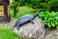 A turtle made of metal stands on a stone at the entrance to the park