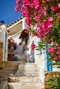 Entrance to traditional whitewashed Greek island house. Old stone stairs, blue doors, pink bougainvillea. Mediterranean Royalty Free Stock Photo