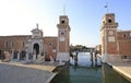 Entrance to the Venetian Arsenal with its permanent guard of marble lions. , Venice Royalty Free Stock Photo