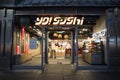 Entrance to Yo! Sushi restaurant illuminated