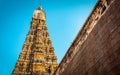 Entrance tower ( Gopuram) of Varadharaja Perumal Temple & Lord Atthi Varadar Perumal god statue inside the pond, Kanchipuram, Tami Royalty Free Stock Photo