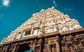 Entrance tower ( Gopuram) of Varadharaja Perumal Temple & Lord Atthi Varadar Perumal god statue inside the pond, Kanchipuram, Tami