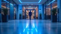 Entrance of urban structure radiates with neon lights, signaling vibrant atmosphere