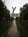 Entrance welcome sign name letter of Kuelap archaeological monument ancient citadel ruins andes cloud Amazonas Peru