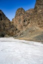 Entrance of the Yolyn Am or Yoliin Am canyon in spring, Gobi Gurvansaikhan National Park. Gobi desert, Mongolia Royalty Free Stock Photo