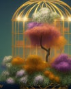 Entrapped nature. Tree, flowers and cage Royalty Free Stock Photo