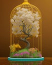 Entrapped nature. Tree, flowers and cage Royalty Free Stock Photo