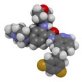 Entrectinib cancer drug molecule. 3D rendering. Atoms are represented as spheres with conventional color coding: hydrogen white