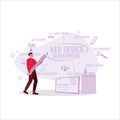 An entrepreneur creates a website development scheme using a gadget with icons on the screen. Web design concept.