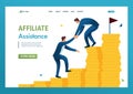 An entrepreneur helps a friend climb the ladder to wealth. Flat 2D landing page