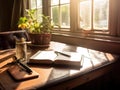 Entrepreneur jotting goals in notebook morning sunlight