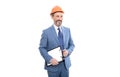 entrepreneur with project. ceo with construction documents. mature boss with clipboard. Royalty Free Stock Photo