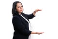 Entrepreneur woman holding large object copyspace between hands