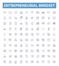 Entrepreneurial mindset line icons, signs set. Entrepreneurial, Mindset, Vision, Risk Taking, Motivated, Drive, Creative