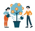 Entrepreneurs nurturing a money tree, symbolizing financial care and strategy