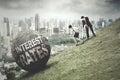 Entrepreneurs pull boulder with Interest Rates word Royalty Free Stock Photo