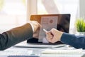 Entrepreneurship new business start up meeting. Close up hand of young asian businessman pointing at computer screen. Royalty Free Stock Photo