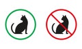 Entry with Cat Sign. Kitten Sitting Silhouette Icons Set. Pet Allowed, Animal Prohibited Symbols. Walk with Pussycat