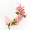 Envelop with white card and rose background. Top view. Flat lay