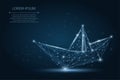 Polygonal wireframe mesh Origami boat on dark blue night sky with dots lines and stars. Vector Paper ship Royalty Free Stock Photo