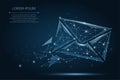 Message. Polygonal wireframe mesh envelope on dark blue night sky with dots and stars. Low poly Mail, Letter, email