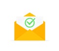 Envelope with approved document icon. E-mail confirmation. Open envelope with a document. New letter. Flat design