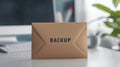 Envelope with backup label on desk in modern office environment. 2fa authentication login