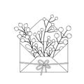 Envelope with berries coloring page. Black and white letter, candy cane, berries. Vector