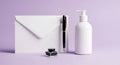 Envelope with a black and gold pen, ink bottle, and lotion dispenser on a lavender Royalty Free Stock Photo