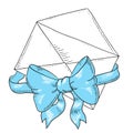Envelope with blue ribbon and bow. Greeting card Royalty Free Stock Photo