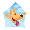 Envelope with a cheerful dog inside. Cute cartoon character. Sky with clouds background. Strong friendship concept