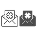 Envelope with clover postcard line and solid icon. Letter with shamrock outline style pictogram on white background