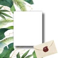 Summer White invitation greetings card mockup  with exotic  flowers and leaf  tropical summer  elements  copy space template Royalty Free Stock Photo