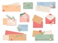 Envelope collection. Post letter and postcards, hand made mail pack. Vintage decorative envelopes with cards. Cute Royalty Free Stock Photo