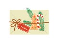 Envelope decorated Christmas elements. Fir branch, cookie, candy cane, rope. Cartoon, vector