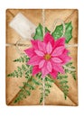 Envelope decorated with fern branches and poinsettia flower. Watercolor Christmas composition