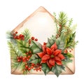 Envelope at decorated with flowers, rowan and pine goosebumps. Christmas card as a symbol of remembrance of the birth of the