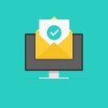 Envelope with document check mark green. Successful e-mail delivery, email delivery confirmation. Vector illustration.