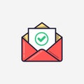 Envelope with document and round green check mark icon. Successful e-mail delivery, email delivery confirmation