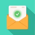 Envelope with document and round green check mark icon. Successful e-mail delivery, email delivery confirmation Royalty Free Stock Photo